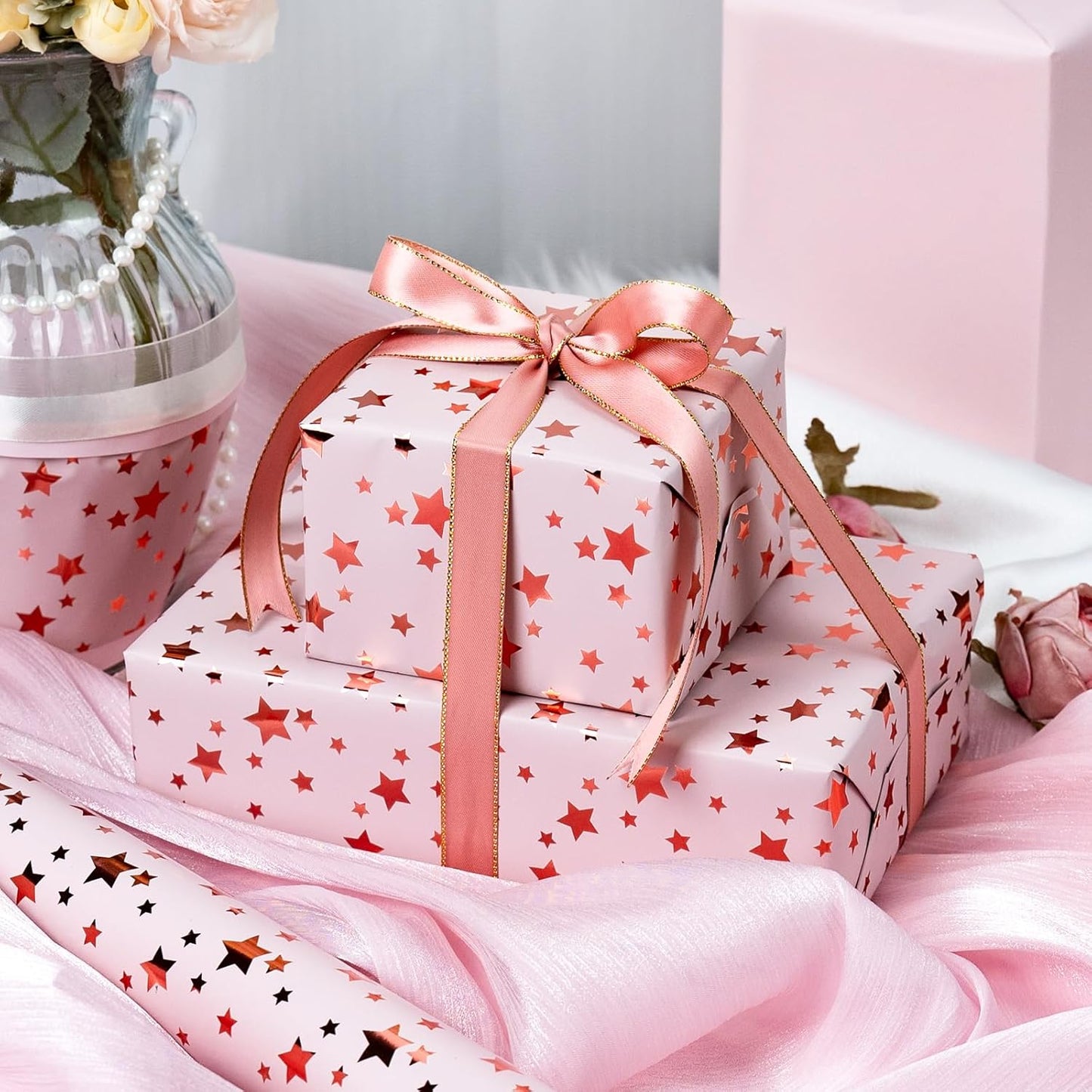 Burymento Gold Foil Five-Pointed Star Wrapping Paper, Reversible Pink Gift Wrap for Birthday, Valentines, Mothers day, Graduation, Wedding, Fathers day, Baby Shower, Christmas (17in x 32.8ft)