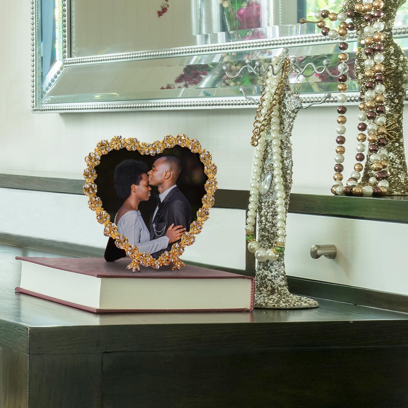 Heart Shaped Wedding Picture Frames for Couple - Beaded Crystal 4x4 Picture Frame – Engagement Gift, Wedding Gift for newlyweds - Fits 3.5x3.5 photo - Valentine Picture Frame (Golden)