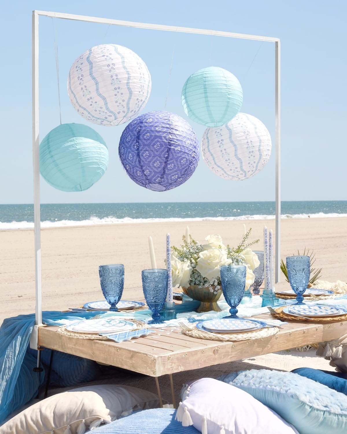 xo, Fetti Blue Coastal Paper Lanterns - 6 pcs. | Beach Party Decorations, Bachelorette Lights, Nautical Birthday Tablescape, Seaside Shower Centerpiece