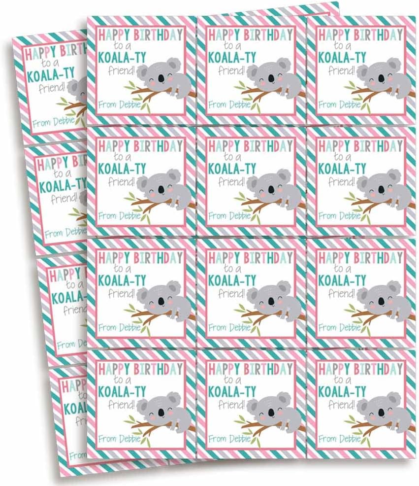 Custom & Personalized Cute Koala Happy Birthday Gift Tag Sticker Labels, 24 2.5" Square Stickers by Amanda Creation