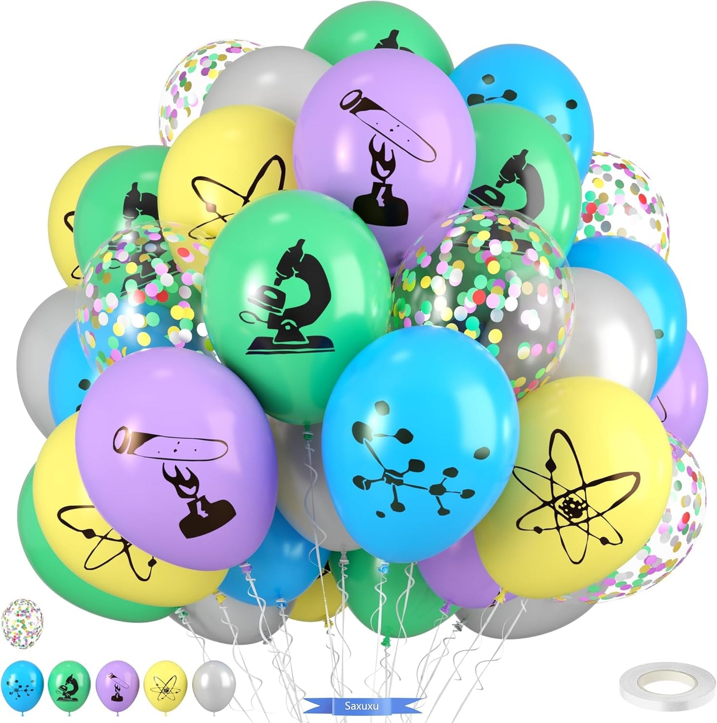 Science Party Balloons, 12 Inch Gray Light Yellow Green Purple Confetti Balloons for Boys Scientist Lab Birthday Party Baby Shower Classroom Decorations