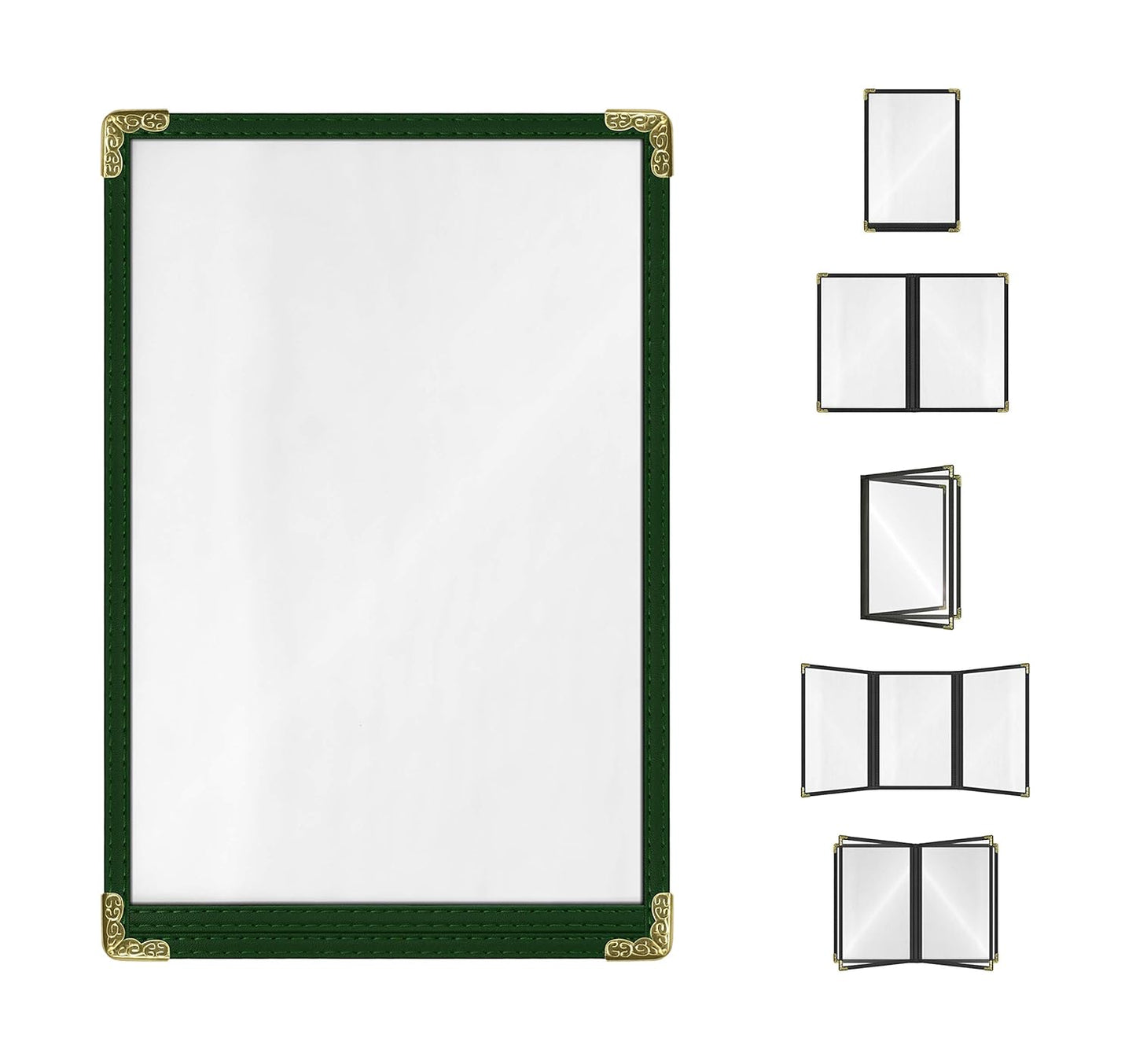 Goodsmart Restaurant Menu Covers – 25 Pack Green 2-View, Top-Loading Menu Holders, Vinyl & Plastic Café Menu Covers, Clear Menu Sleeves, Fits 5.5" x 8.5", Leather-Style Design, Gold Corners