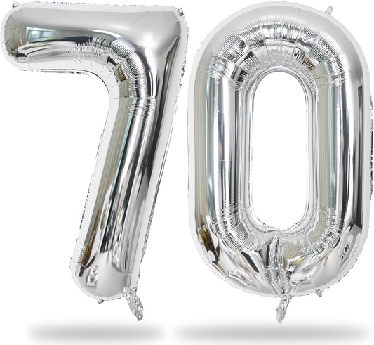 Silver 70th Birthday Balloons for Men, 40 Inch Mylar Self Inflating 70 Balloon Numbers, Large Foil 7 and 0 Helium Number Balloons for Women 70th Birthday Party Decorations Anniversary Decor Supplies