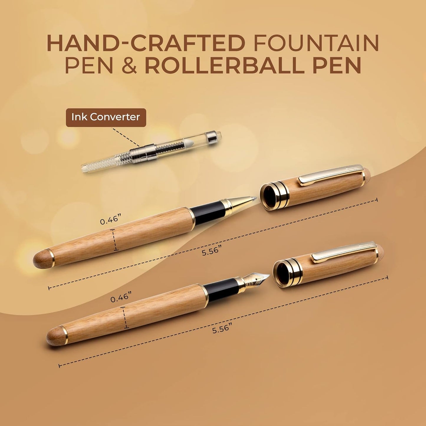 ZenZoi Wood Pen Set - Bamboo Fountain Pen w/Fine Nib & Rollerball Pen. Smooth Writing, Refillable, Vintage, Crafted, Journaling Pen. Luxury Pen Gift Set for Men, Women, Ink Converter.