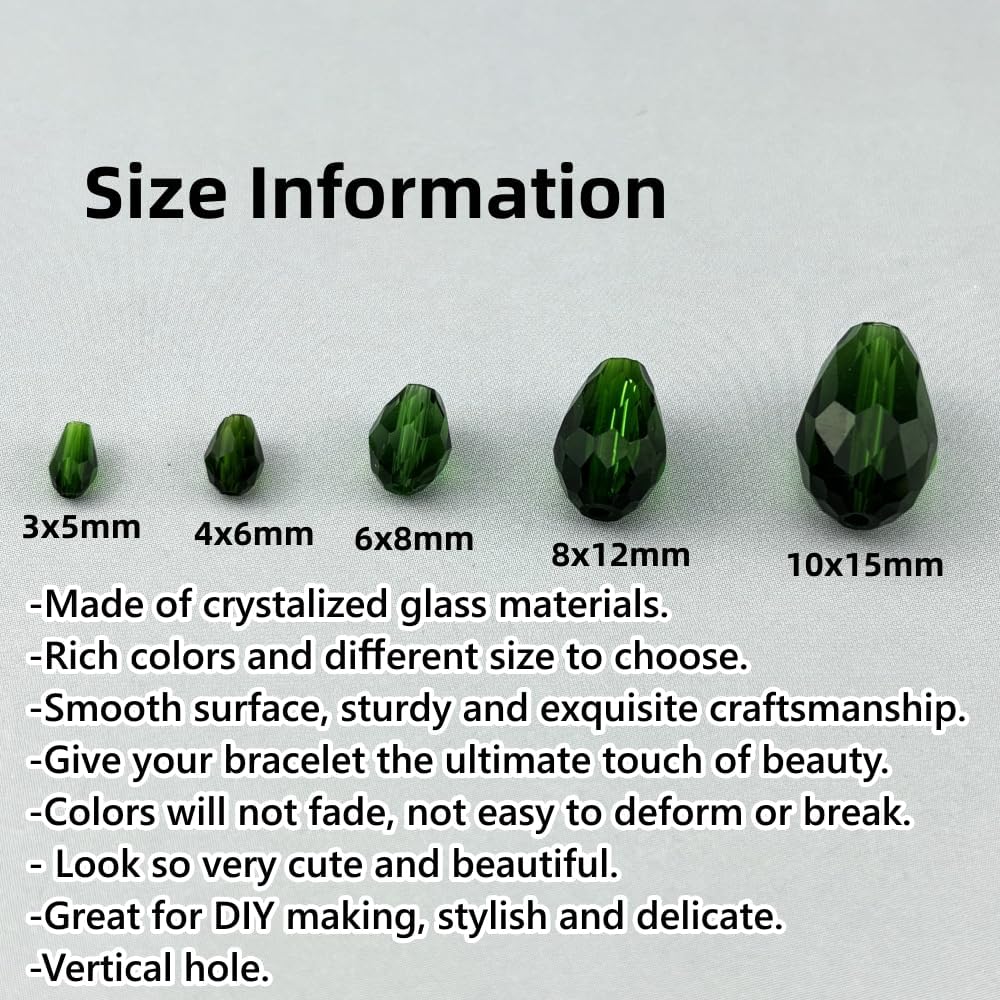 50pcs 10x15mm Teardrop Crystal Glass Beads for Jewelry Making, Faceted Vertical Hole Teardrop Glass Spacer Beads for Wind Chimes Bracelet Earring Necklace DIY Craft(Dark Green)