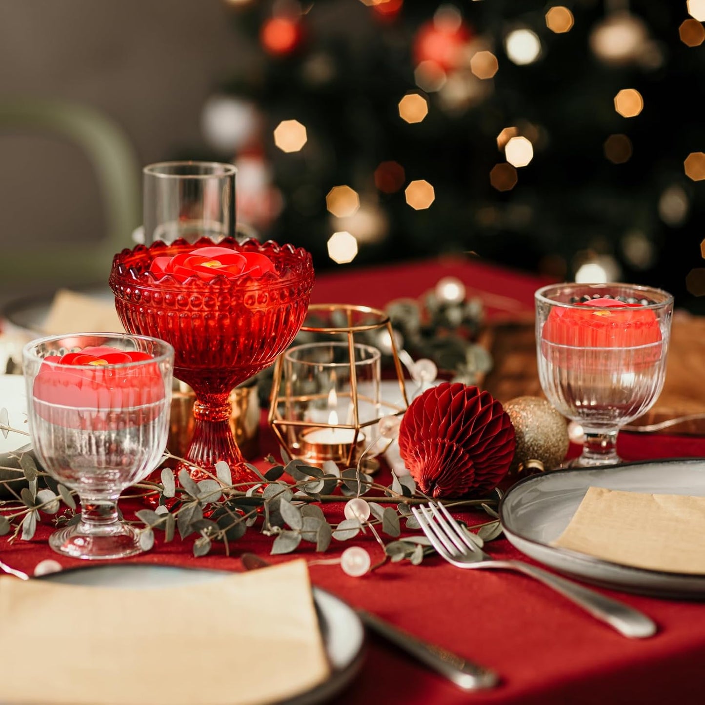 Enido Flameless LED Floating Candles Battery Operated Waterproof Plastic Tealights Pack of 6, Centerpieces at Wedding, Party,Holiday (Red)