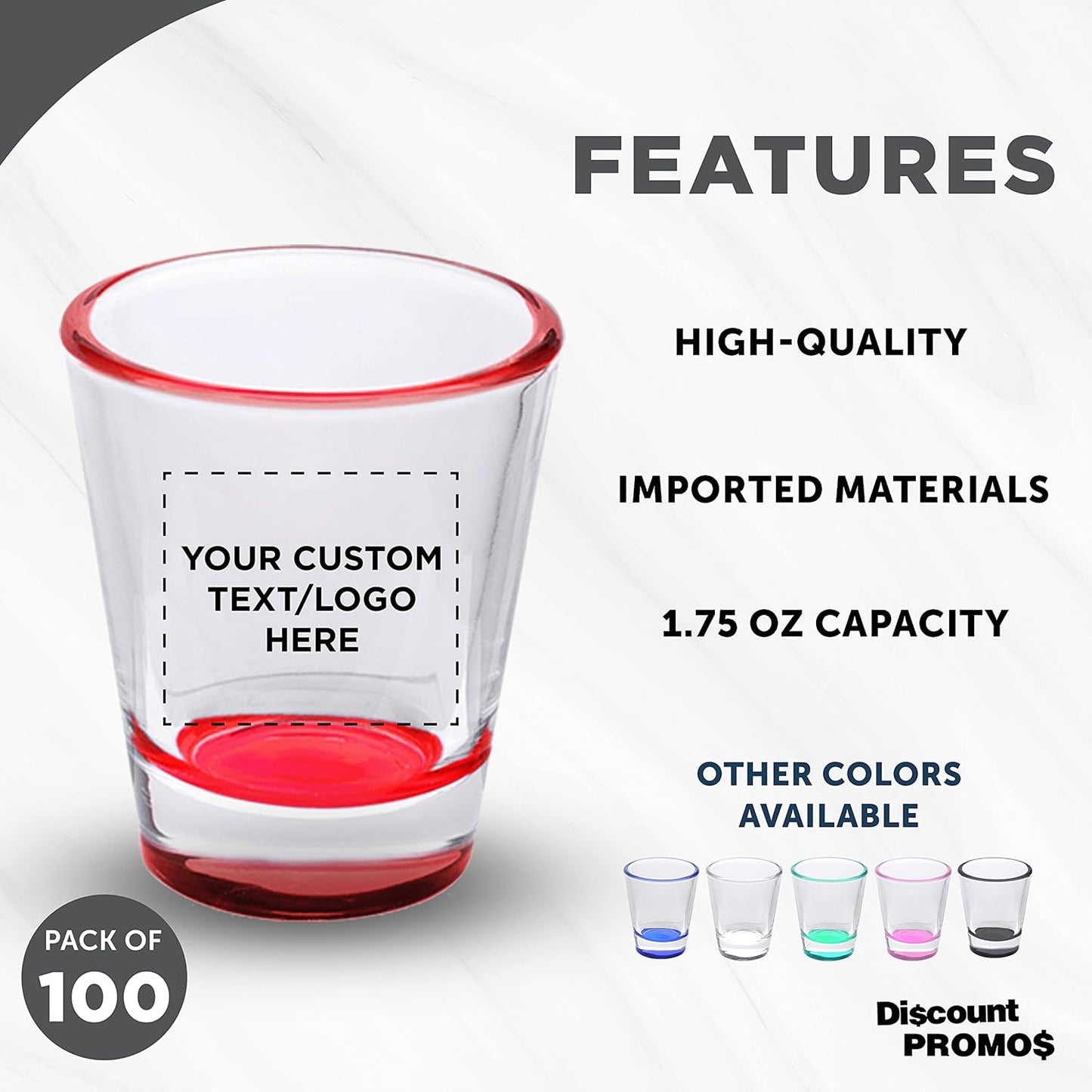 Custom Shot Glasses 1.75 oz. Set of 100, Personalized Bulk Pack - Great for Wedding Favors, Bachelorette Party Decorations, Party Fovors, Color Bottom - Red