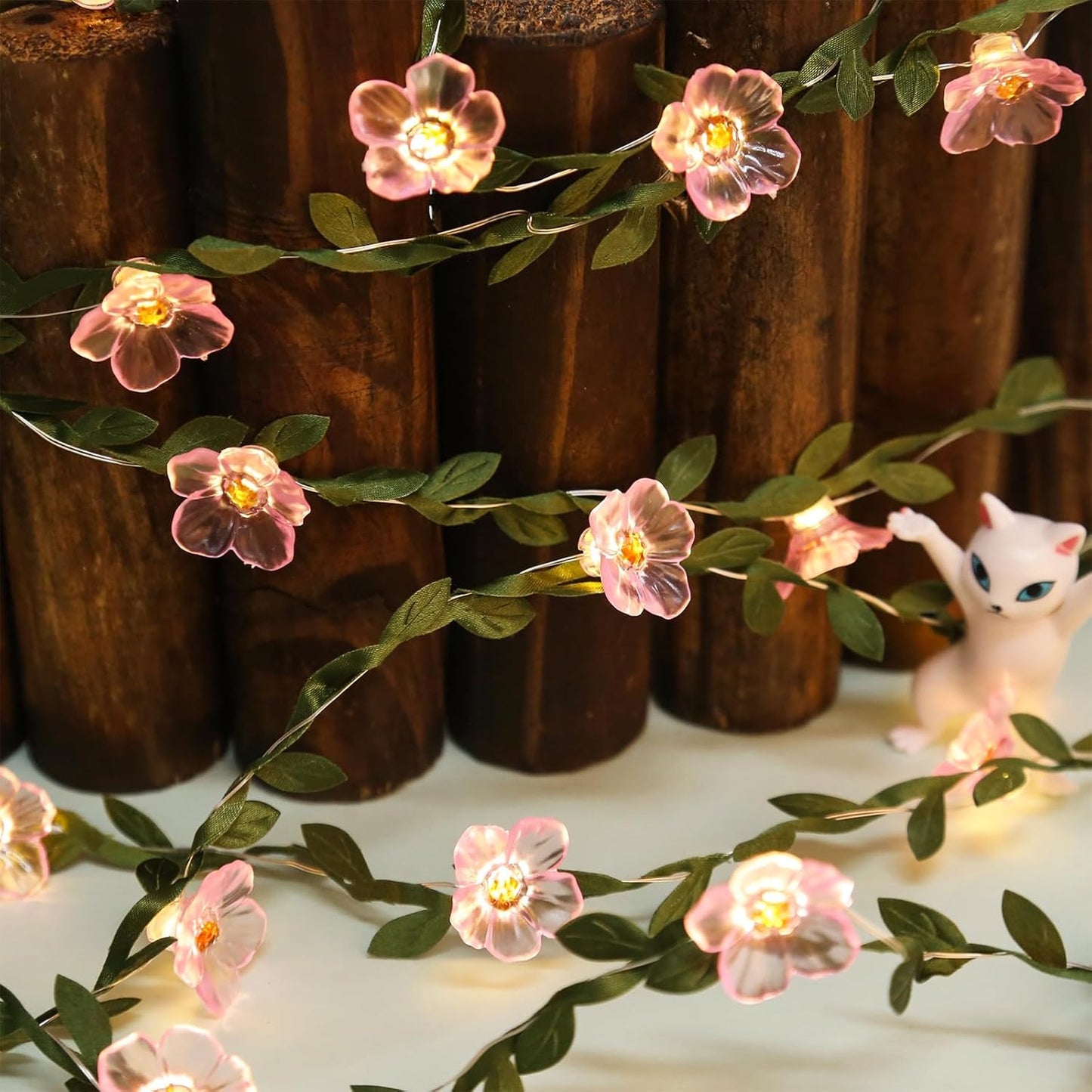 Decorative Fairy Vine Flower String Lights With Leaf, USB Plug In 16.5ft 50 LED Pink Cherry Blossom Garland Spring Decorations for Bedroom Wall Wedding Birthday Christmas Hanging Decor (Warm White)