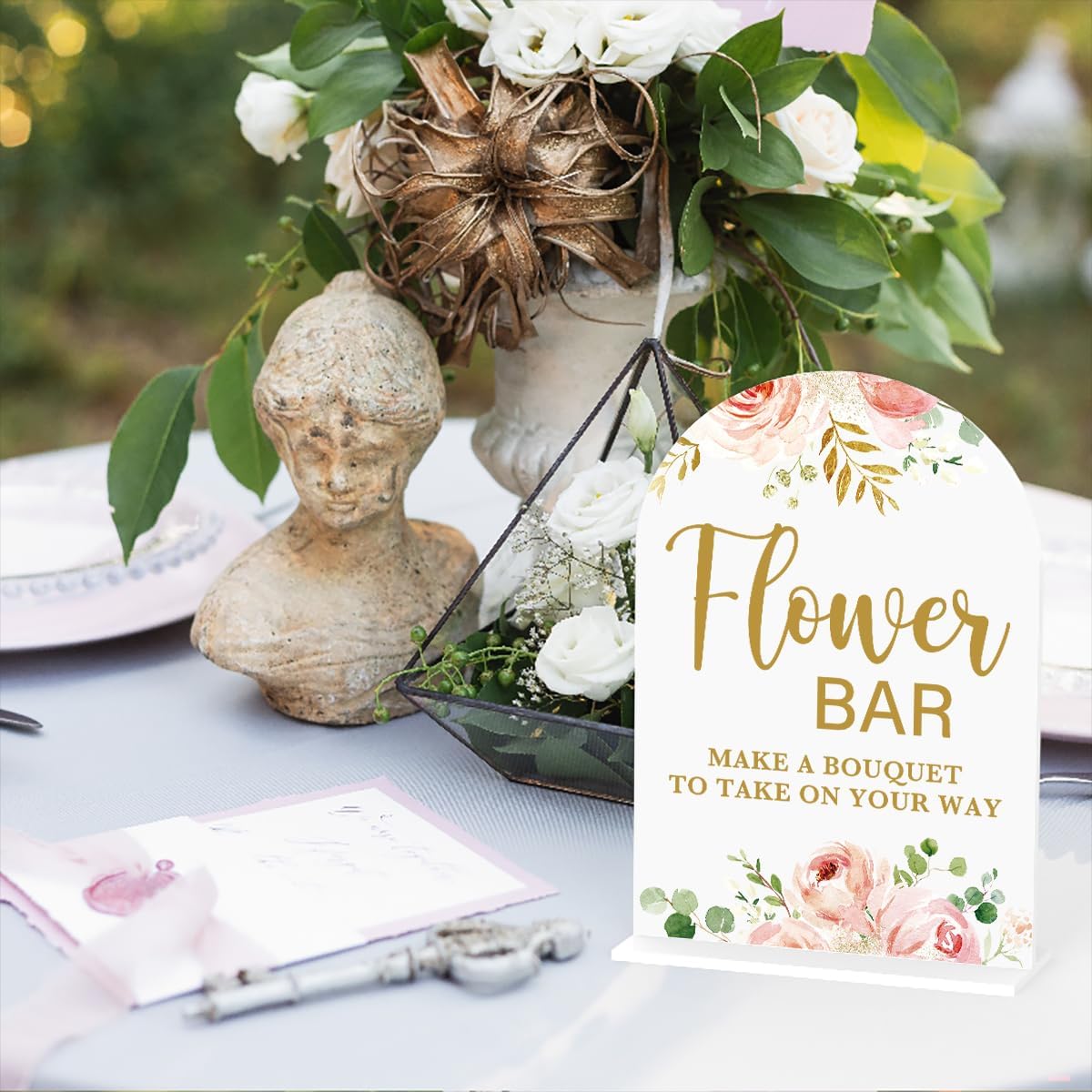 Acrylic Wedding Signs, Flower Bar Desk Decor, Flower Bar Signs for Ceremony, Modern Calligraphy Arch Acrylic Table Top Sign for Wedding Reception and Engagement Parties (Pink Flowers)