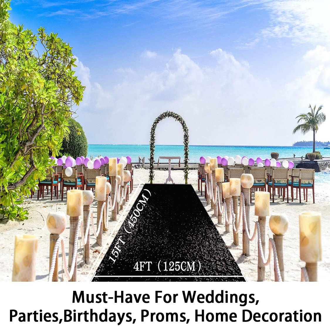 ShinyBeauty 4FT x 15FT Black Aisle Runner Tape | Shimmer Fabric Wedding Floor Runners with Glitter Carpet for Elegant Events