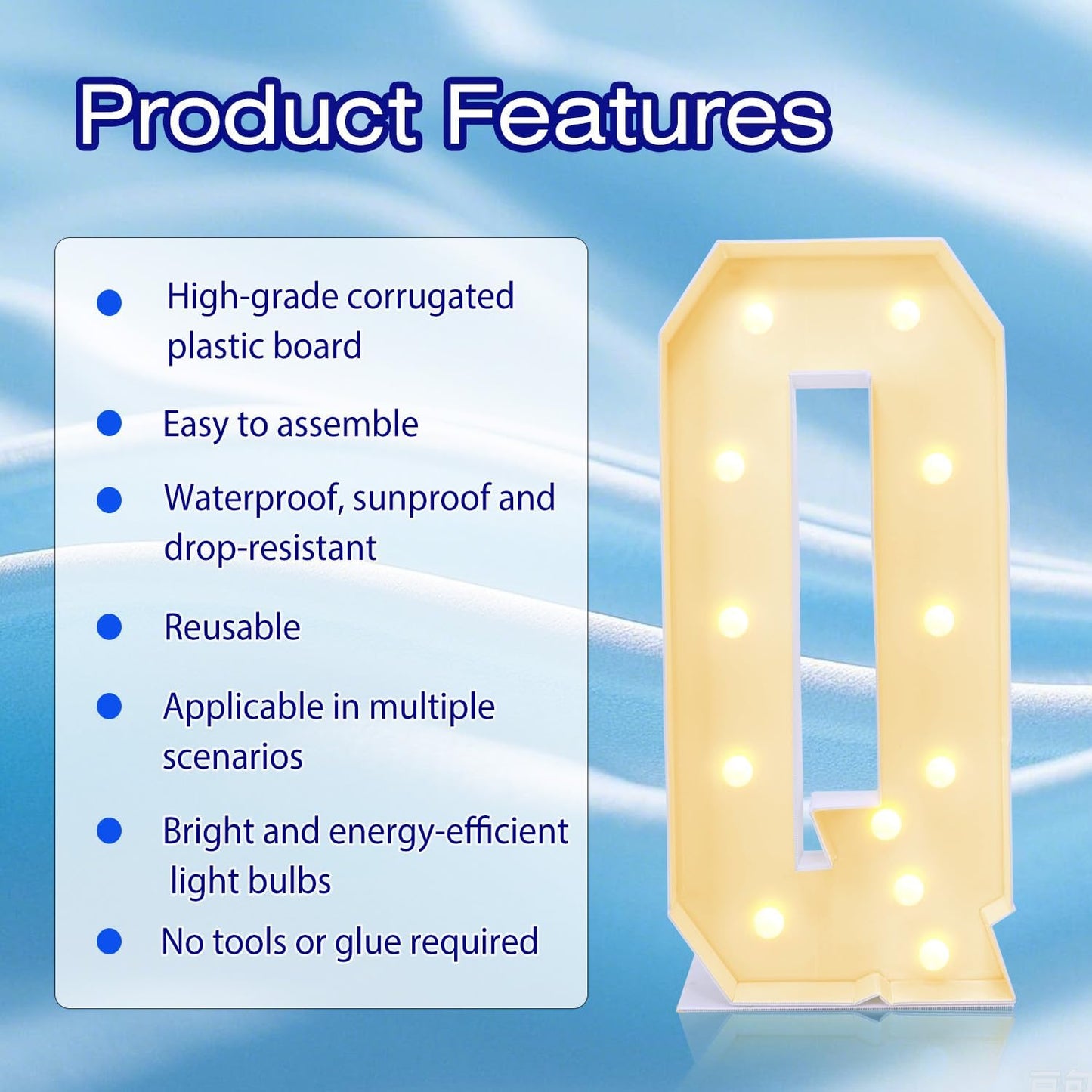 4FT Marquee Plastic Letters Q - Light up Letters Q Are Made from Corrugated Plastic Board - Quick Assembly Without Tools, Disassembled Components Can Be Used for Garage Sale Signs, Yard Sale Signs