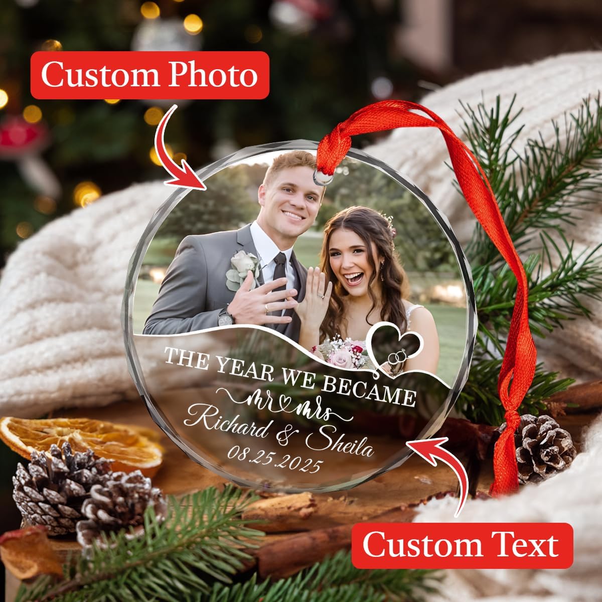 Personalized Christmas Ornaments with Names, Couple Glass Ornament, Custom Wedding Gifts for Couples 2025, Wedding Gift Ideas for Newly Wed Couple, Bride, Bridal Shower, Future Mr & Mrs (C2)