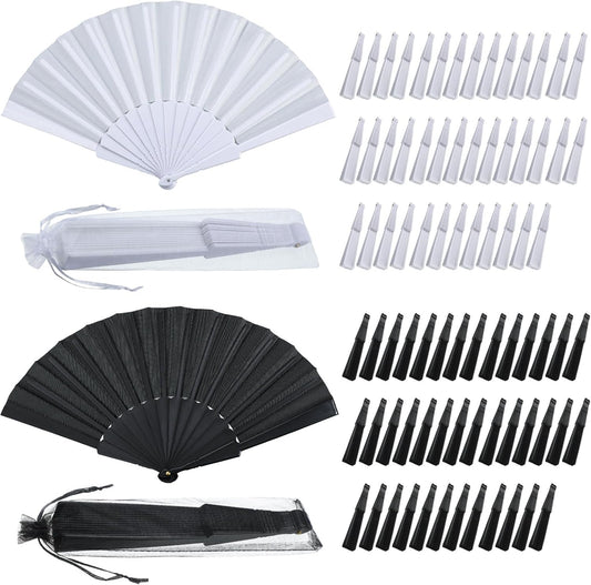 Wenqik 80 Pcs Wedding Folding Hand Fans Bulk Silk Fabric Chinese Handheld Foldable Clack Fans with Plastic Ribs for Party, Wedding Gifts, Line Dancing, Home Decorative (Black,White)