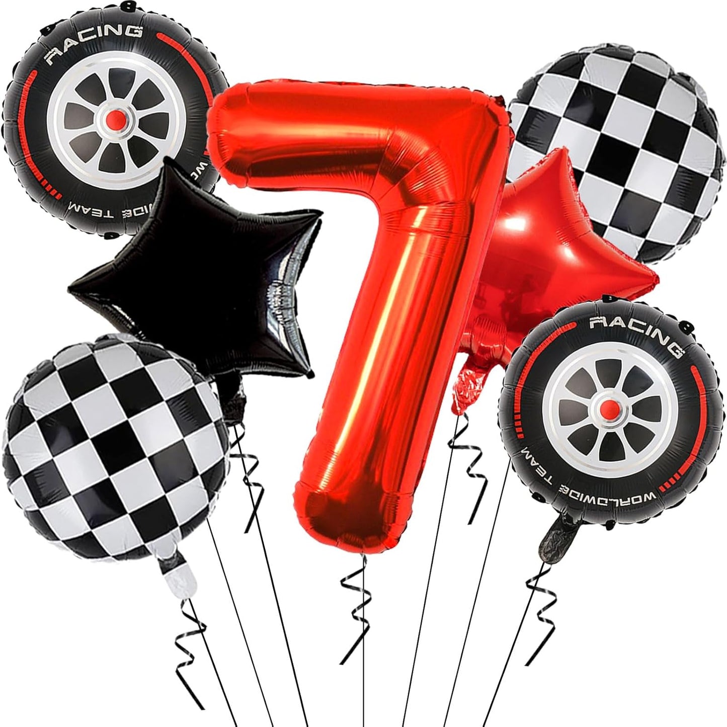 Race Car Birthday Party Decorations - 40 Inch Mylar Red Number 7 Balloons - Black Foil Checkered Race Car Balloons for 7st Birthday Race Cars Themed Party Decorations