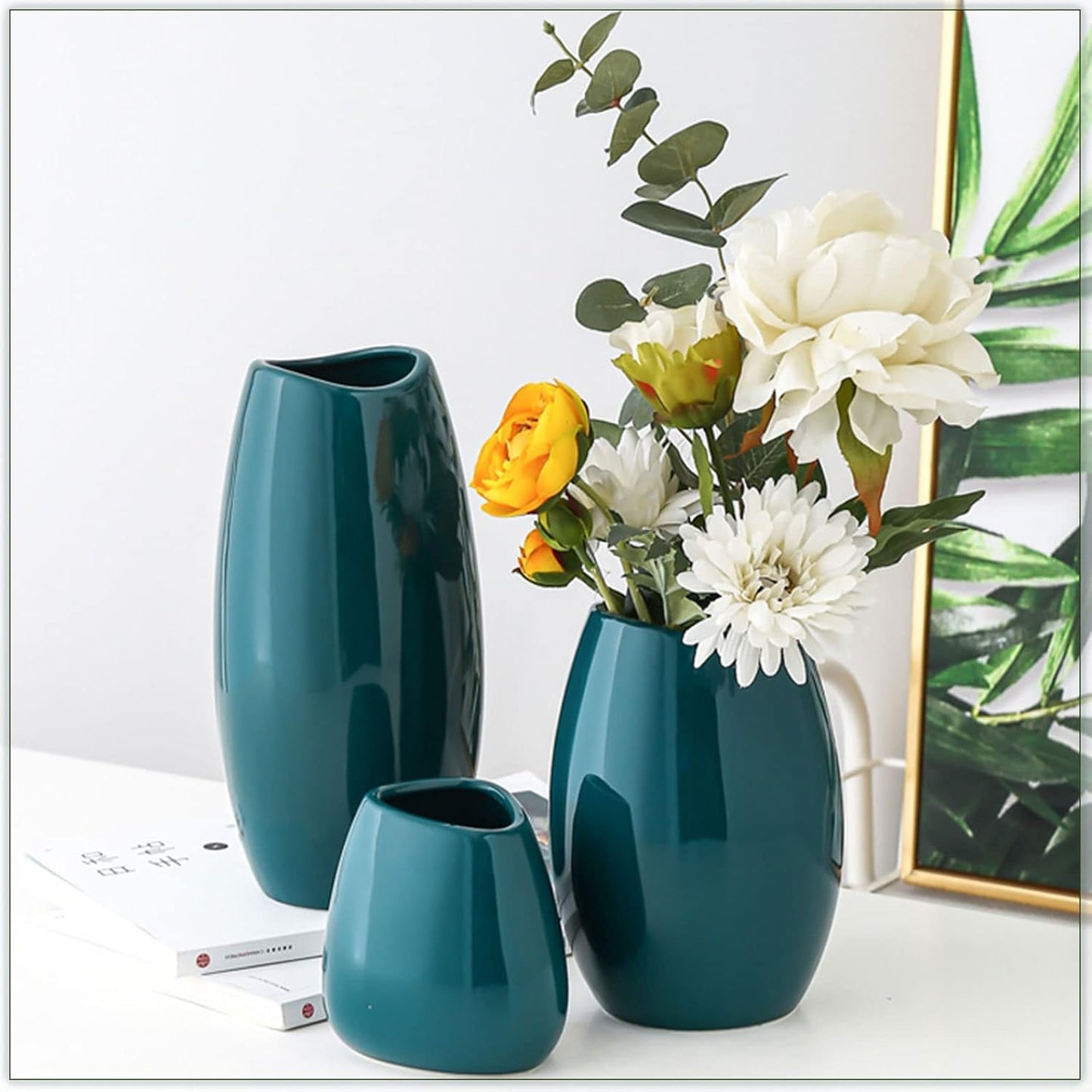 hjn Ceramic Vase Set of 3 Teal Flower Vase for Home Decor, Modern Decorative Vase for Flowers Vases for Your Ideal Shelf Decor/Table/Living Room/Kitchen/Office-Teal