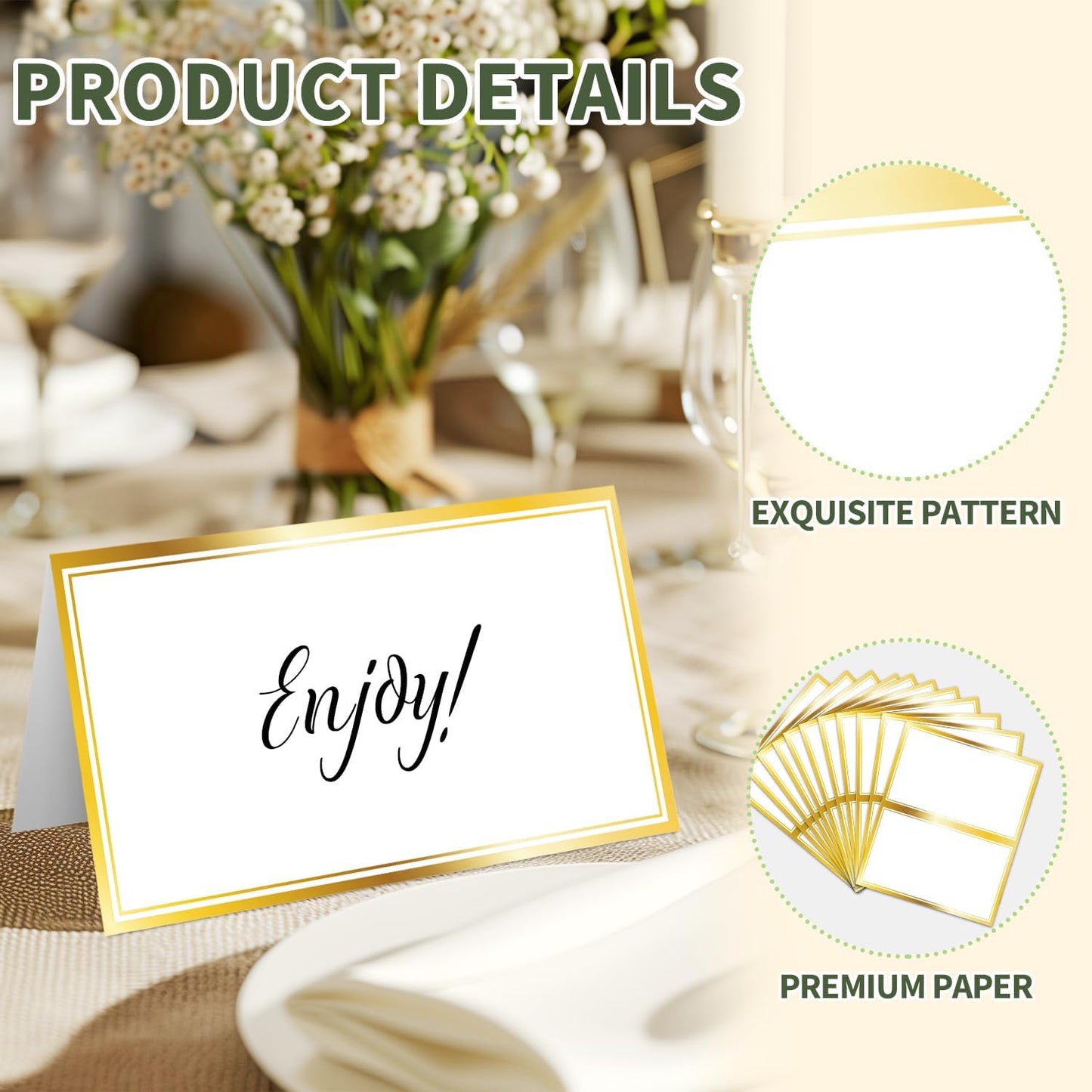 25 Premium Place Cards for Table Seating, Wedding Name Place Card with Gold Border, Tent Cards for Birthday Bridal Shower Baby Shower Reception Dinner Party Decorations -A19