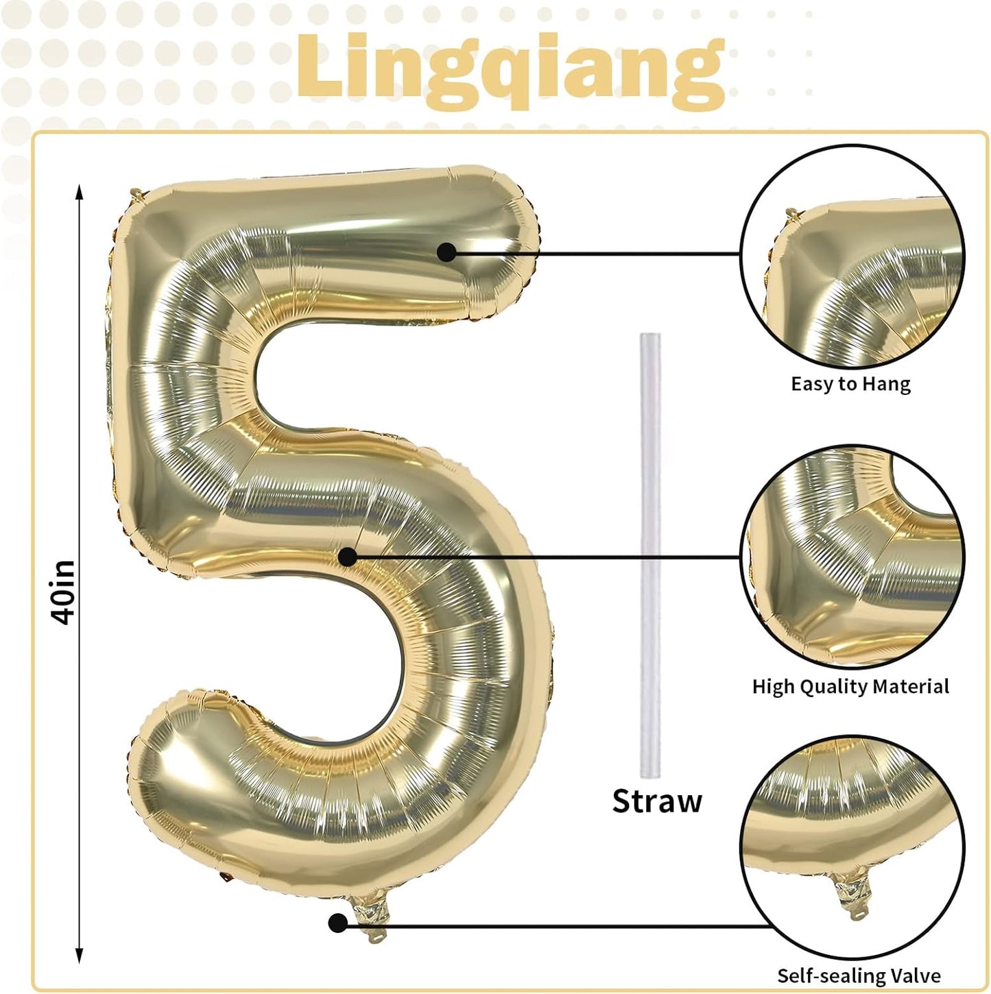 Champagne Gold Balloon Number 5, 40 Inch Large Self Inflating Foil Number Balloons 0-9, Light Gold Digital 5 Helium Balloon for 5th Girls Boys Women Birthday Party Graduation Anniversary Decorations