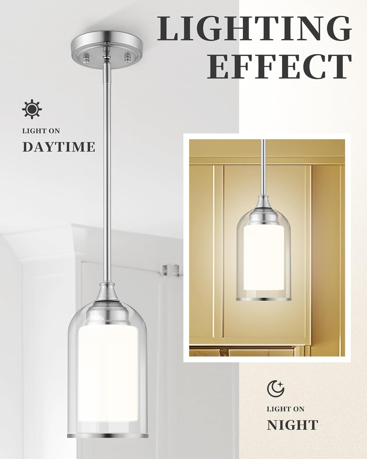 LIROUVET Modern Pendant Lights - Dual Glass Pendant Lights Kitchen Island, Brushed Nickel Hanging Lamp with Clear and Milk Glass, 1=Light Pendant Lighting for Kitchen, Dining Room, PL02BN