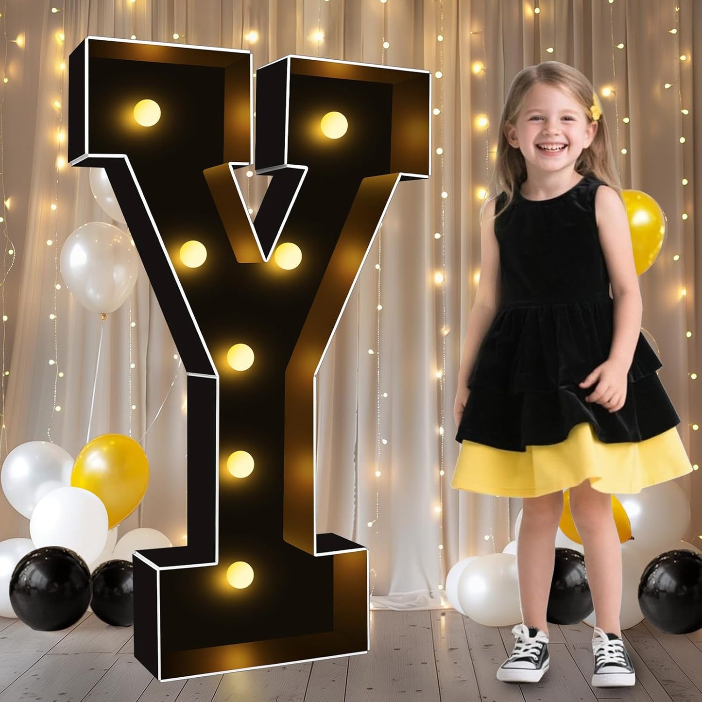 Pooqla 3 FT Marquee Light Up Letters, Black Marquee Letter Lights 3 Feet Tall, Giant LED Sign Big Mosaic Letters for Balloons Birthday Party Anniversary Wedding Decorations, Warm White Y