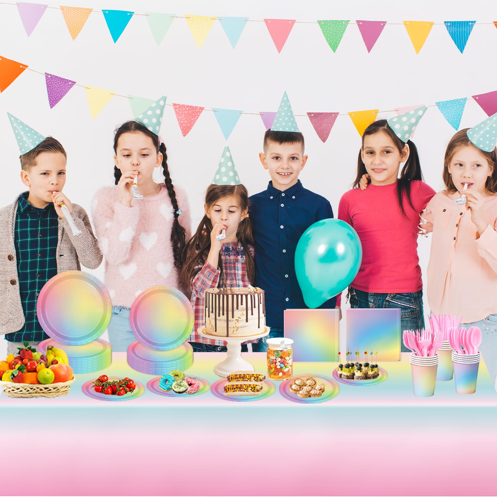 169 PCS Rainbow Party Decorations Disposable Paper Plates, Napkins, Cups, Cutlery, Tablecloth