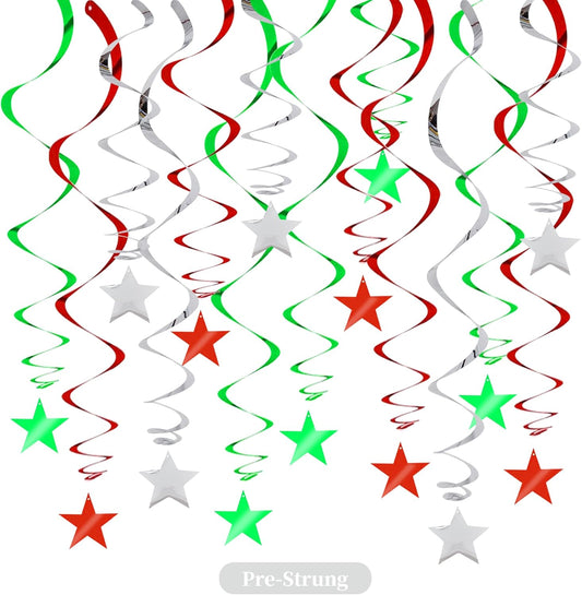 BEISHIDA Green Silver Star Hanging Swirl Decorations, Birthday Hanging Party Supplies for Christmas Wedding Baby Shower Birthday Decorations,Pack of 15