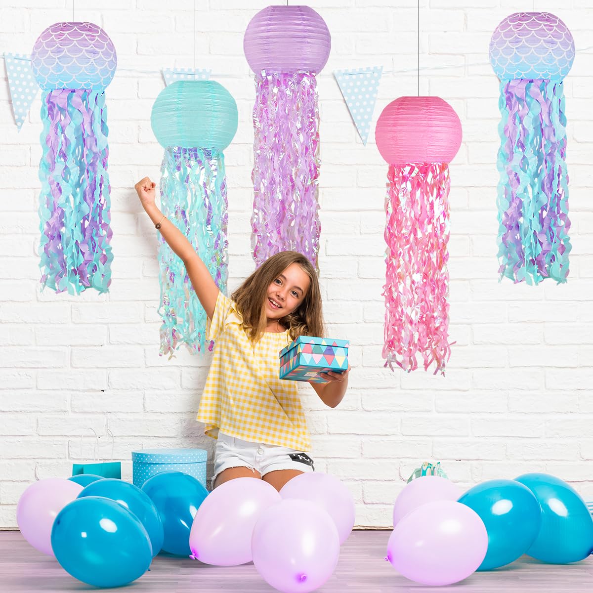 Mermaid Birthday Decorations, Jellyfish Paper Lanterns Pink Lavender Blue Mermaid Scales Hanging