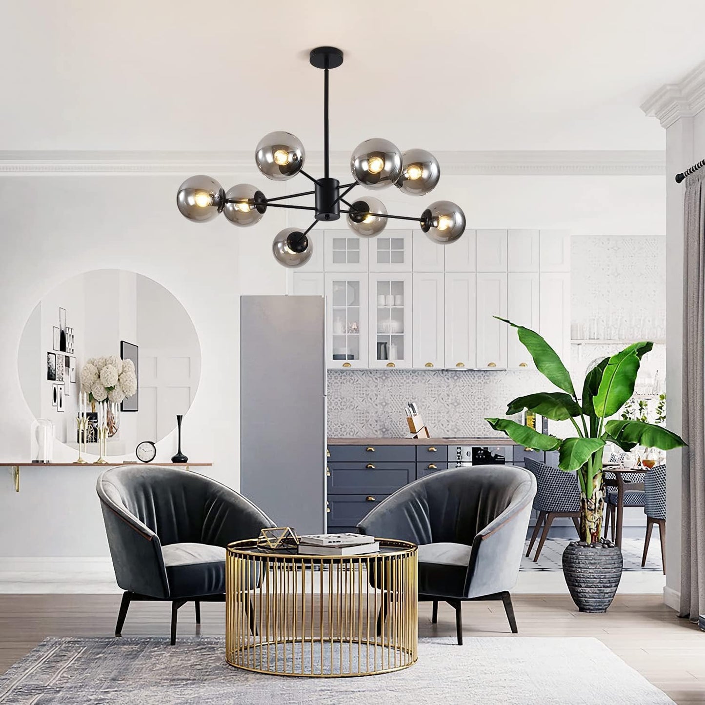 KCO Lighting Modern Glass Globe Sputnik Chandelier 8-Light Mid Century Black Sputnik Chandelier Pendant Light Fixture Farmhouse Industrial Chandelier Light Fixture (Black+Smoke Grey)