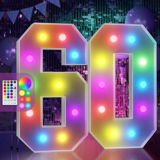 Marquee Numbers Colorful 60th-Birthday Decoration: 4FT Large Light Up 60 Year Old Birthday Decorations Anniversary Backdrop for Men Women Cardboard White Sign 18 Colors Number 60 Mosaic Balloon Frame
