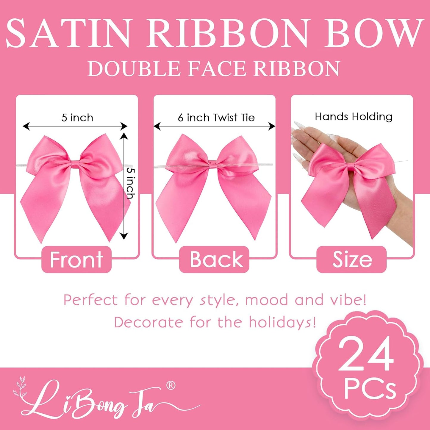 5'' Hot Pink Bow Party Decorations Satin Bows, Twist Tie Bows for Treat Bags, Cake Pops, Pre-Tied Bow Premade Ribbon Bows for Crafts, Holiday Bows for Gift Wrapping, Wedding Decor-24 Counts