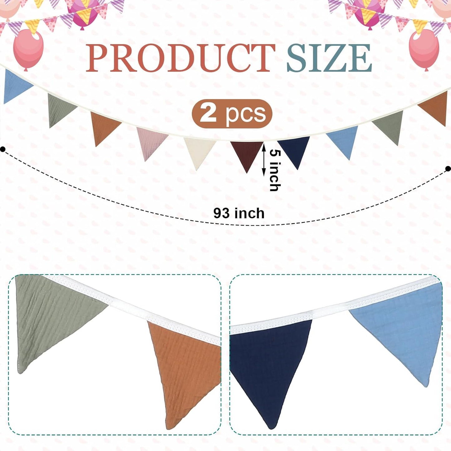 Oudain 15.5 ft Pennant Banner Flags, 2 Pcs Nursery Garland Triangle Bunting Flag Baby Banner for Nursery Decor Baby Birthday Boho Wedding Shower Party Event, Each 7.75 ft(Neutral Color)