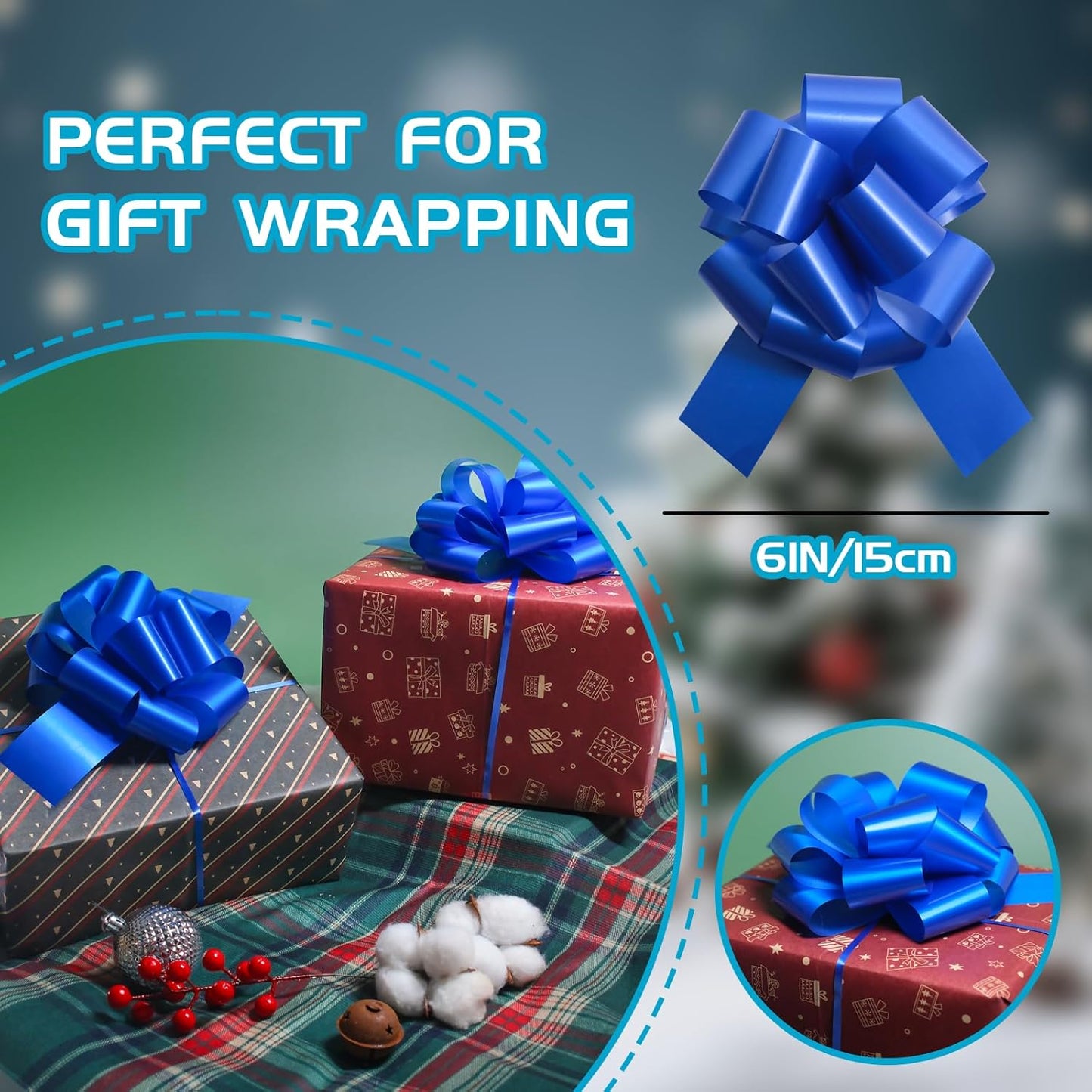 6 Pcs 6 Inch Blue Pull Bows, Perfect for Gift Wrapping, Gift Wrapping Baskets Wedding Christmas Party Decorations, Crafts – Quality Pull Bows for Gifts and Decorations