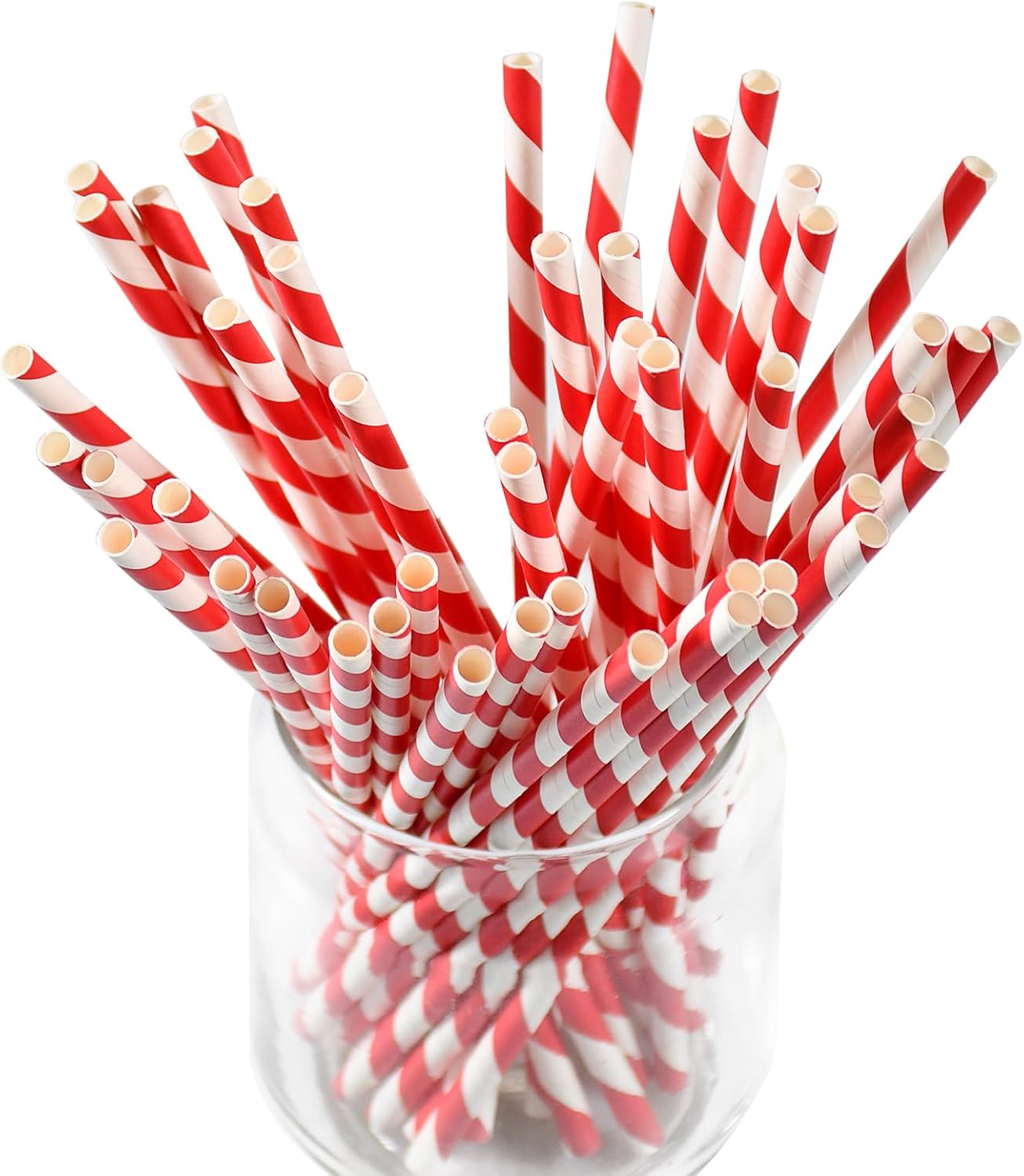 Disposable 7.75 inch Red White Striped Paper Straws Biodegradable 100 Counts - for Drinking, Cocktail, Decoration, Party, Crafts