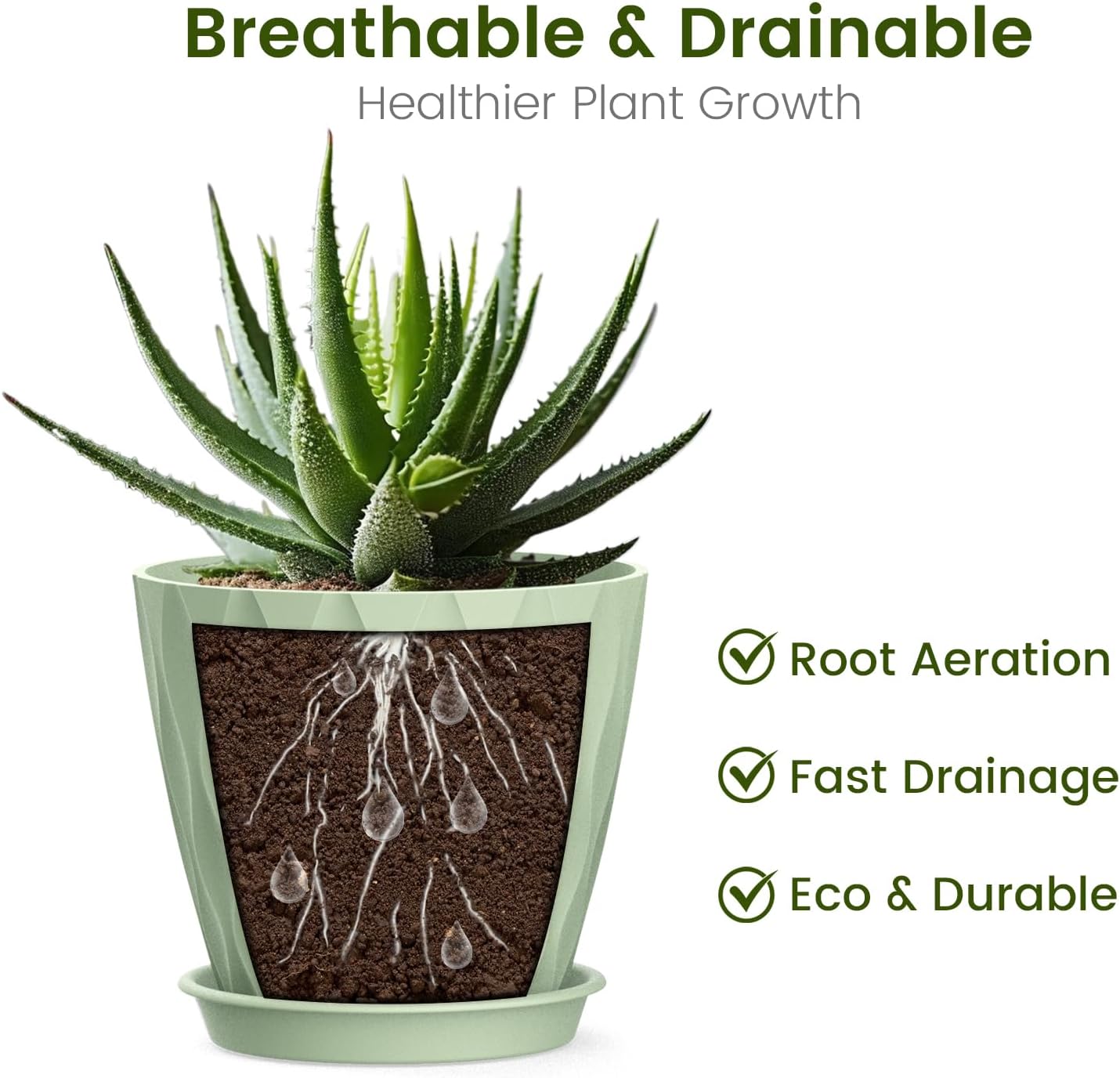 4 Inch Small Pots for Plants, 6 Pack Waffle Texture Small Plant Pots for Succulents, Plastic Planter with Drainage Holes and Saucers for Indoor Outdoor Plants, Flowers, Herbs, Seedlings, Green