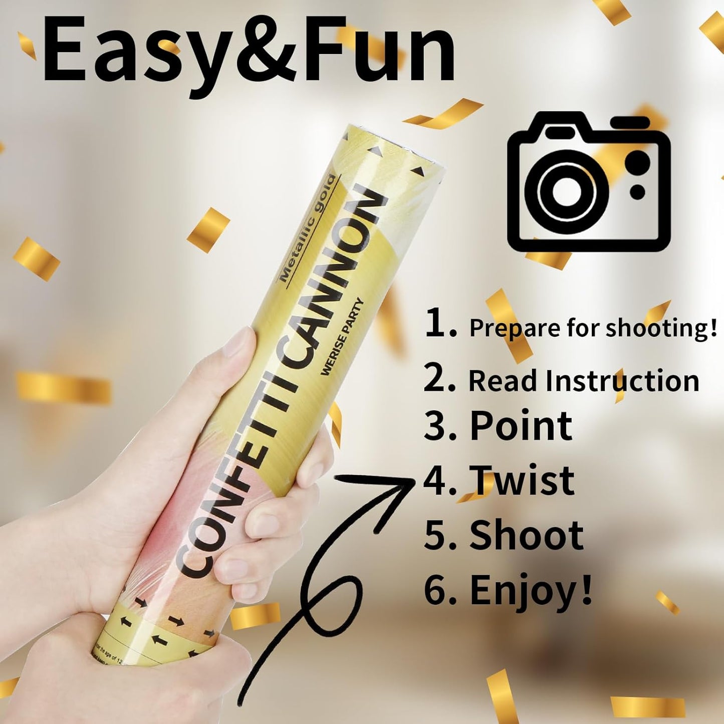 Gold Confetti Poppers Cannon, 6 Pack WERISE PARTY Gold Mylar Party Popper Shooter for Birthday, Wedding, Graduation New Year Celebration 12IN