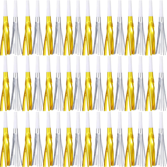 Metallic Fringed Noise Makers, 48 Pcs, Gold White, Silver White, for Noise Makers Party Favors, Baby Shower, Kids Birthday, New Year Party