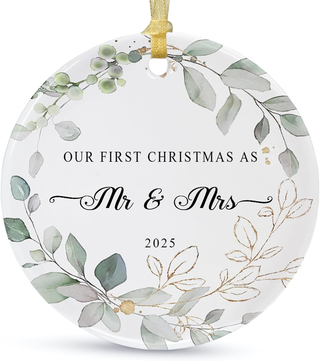 Our First Christmas Married Ornament 2025,Wedding Gifts for Couples Unique Decoration,First Year Newlywed Mr and Mrs Hanging 2.9" Ceramic Round Ornament