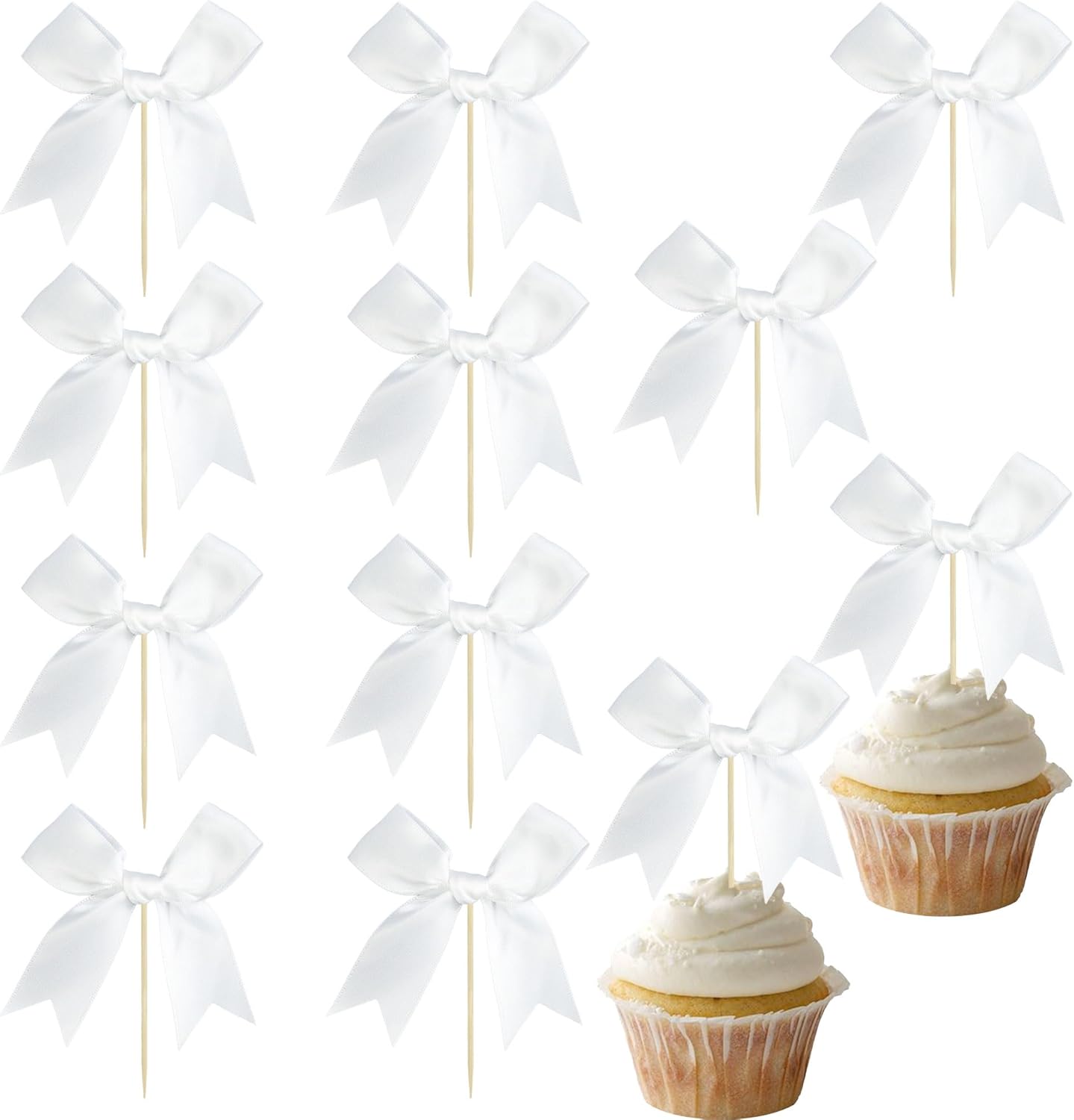 Ephlyn 24Pcs White Bow Cupcake Toppers Bow Cake Topper Birthday Decorations Mini Bowknot Cupcake Picks for Coquette Theme Party Decoration Bachelorette Bridal Engagement Wedding Party White