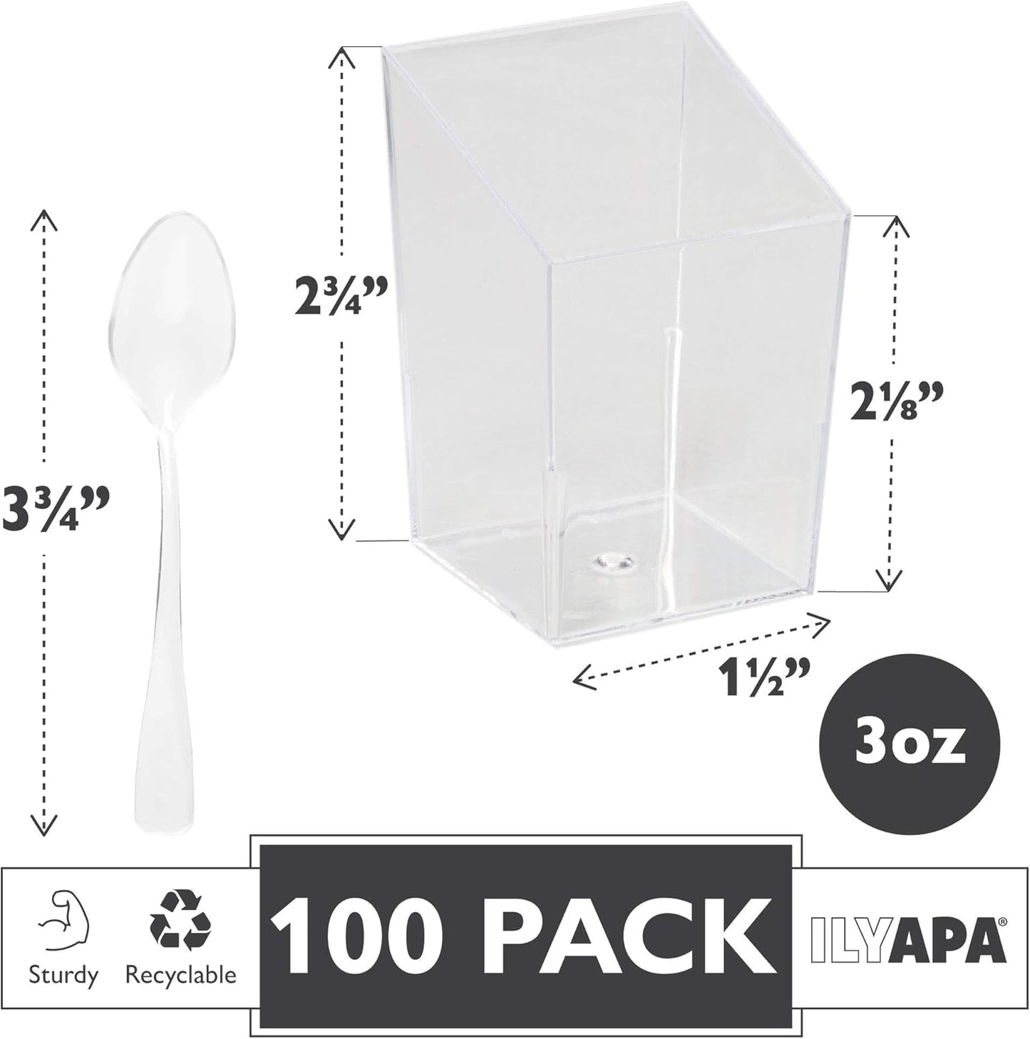 Ilyapa 3oz Plastic Dessert Cups - 100 Pack Mini Dessert Cups with Spoons - Small Clear Reusable for Cheesecake Shooters, Chocolate Mousse, Parfait - Party and Catering Supplies - Slanted