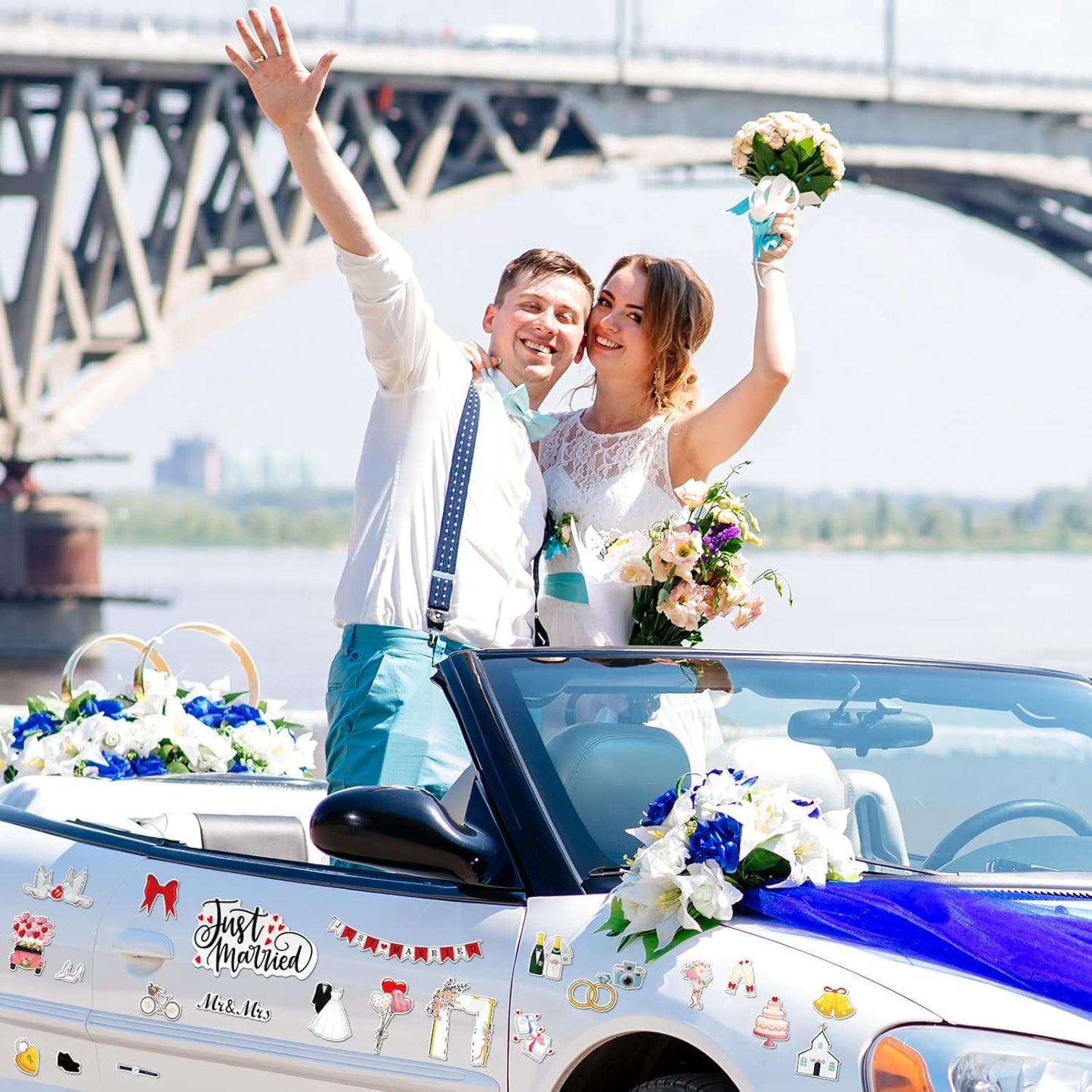 25 Pieces Just Married Ornate Car Magnets Mr Mrs Magnets Refrigerator Decorations Wedding Car Decorations Just Married Door Sign for Honeymoon Anniversary Wedding Party Panel Tailgate Decor