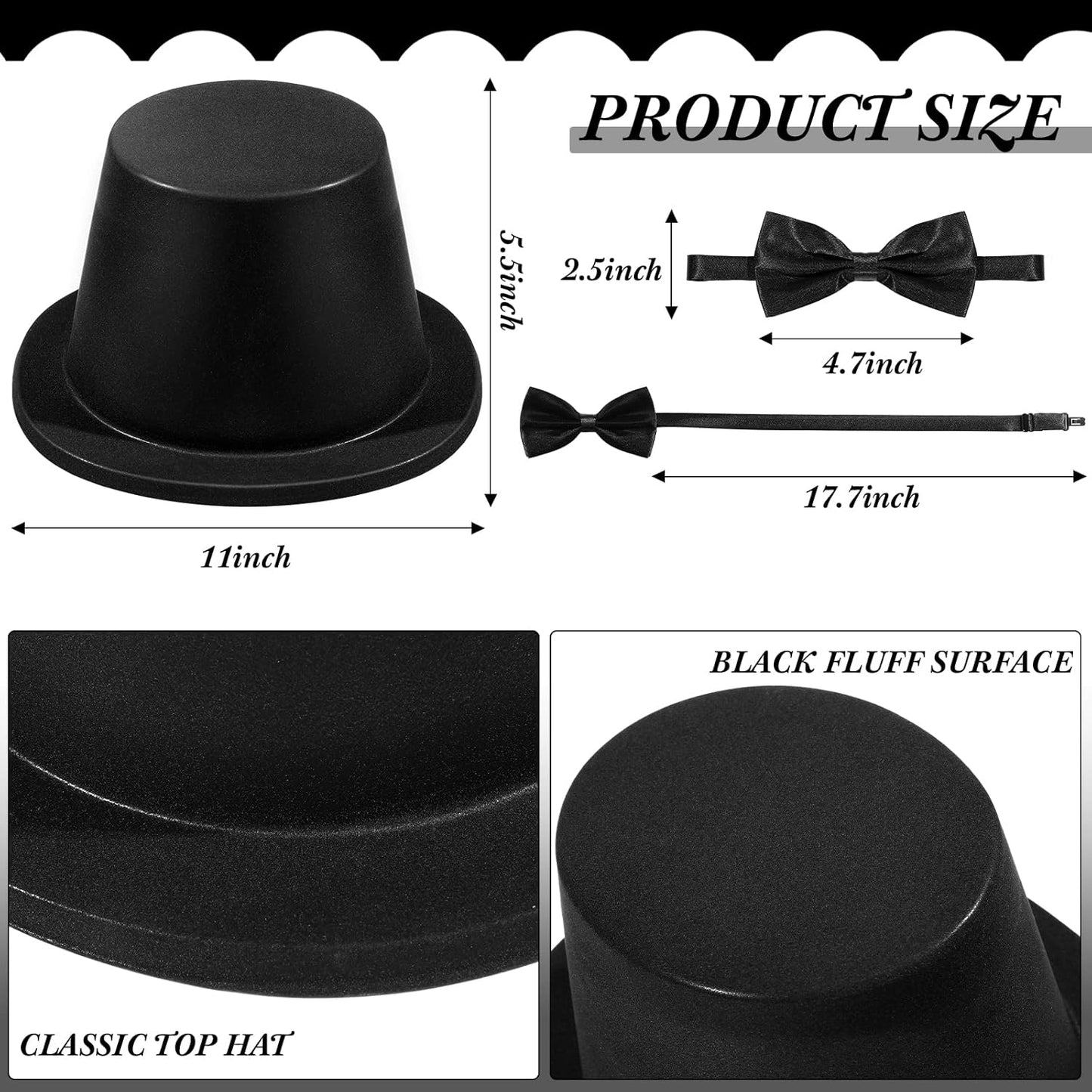 SATINIOR Magician Costume Headwear Set, Includes 12 Pieces Black Top Hat and 12 Bow Ties, Adjustable Length Bow Ties for Party, Costume Accessories for Halloween, Cosplay, Stage Performances, Black