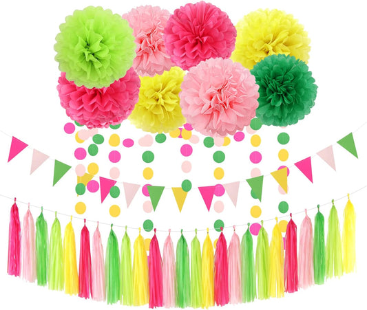 Hawaii Pool Party-Decorations Streamers - 35pcs Tissue Pom Poms,Tropical Jungle Birthday Supplies Bachelorette Tassel Garland Banner,Summer Beach Baby Shower Decor Lasting Surprise