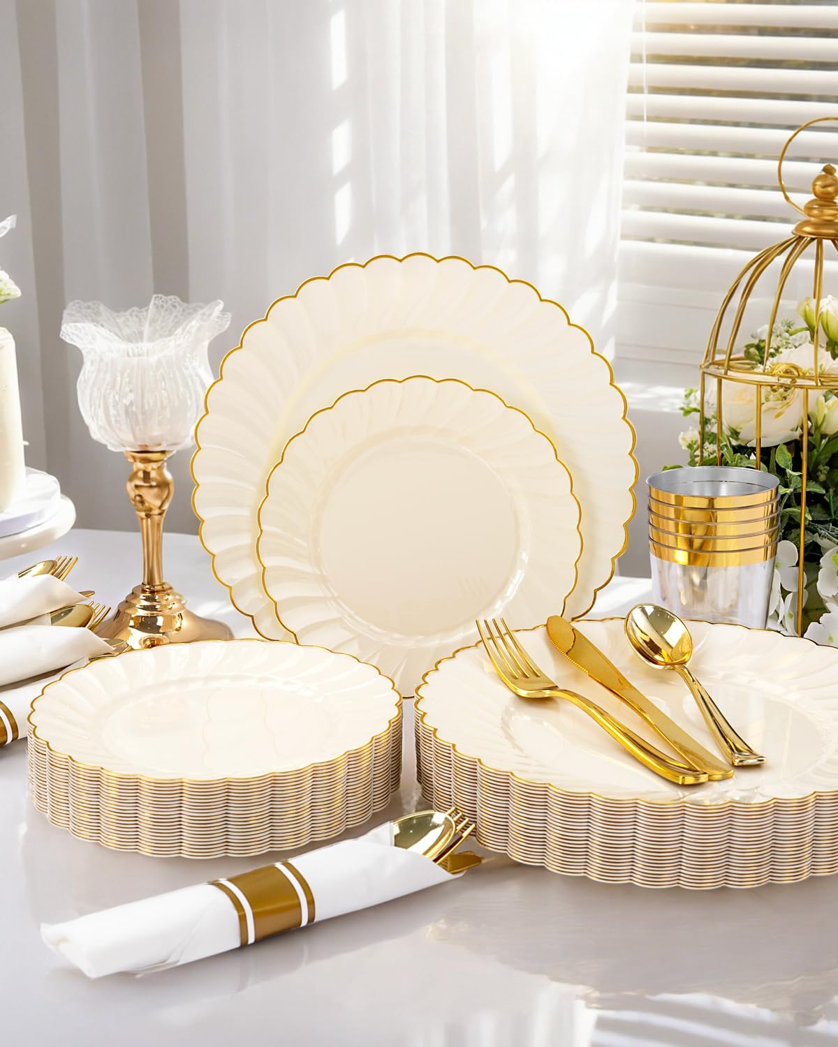 YOUBET 350PCS Ivory Scalloped Plastic Plates - Ivory and Gold Disposable Dinnerware Set Include 100 Plates, 150 Gold Silverware, 50 Cups, 50 Napkins for Wedding & Party & Thanksgiving