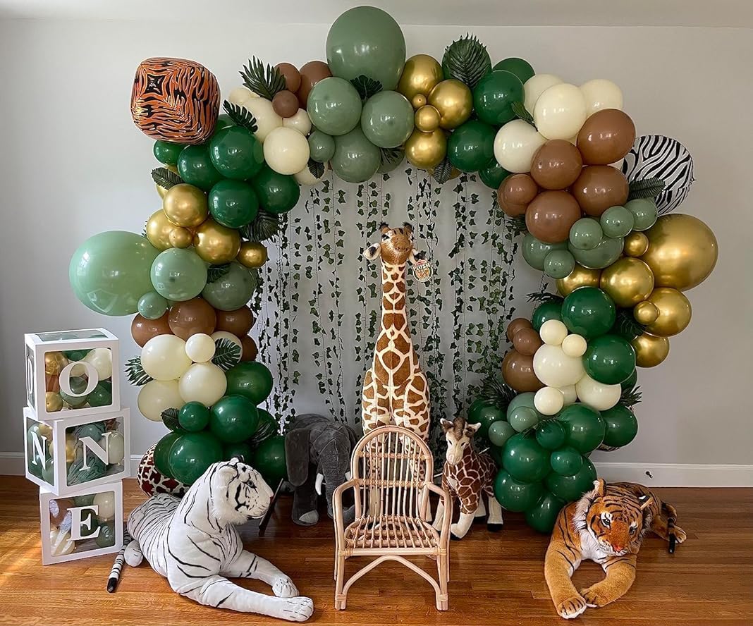 Sage Green Brown Balloons, 60PCS Green Brown Beige Jungle Safari Wild Woodland Balloon, Retro Green Metallic Gold Coffee Apricot Balloons for Boy First Birthday Baby Shower Wedding Party Decorations