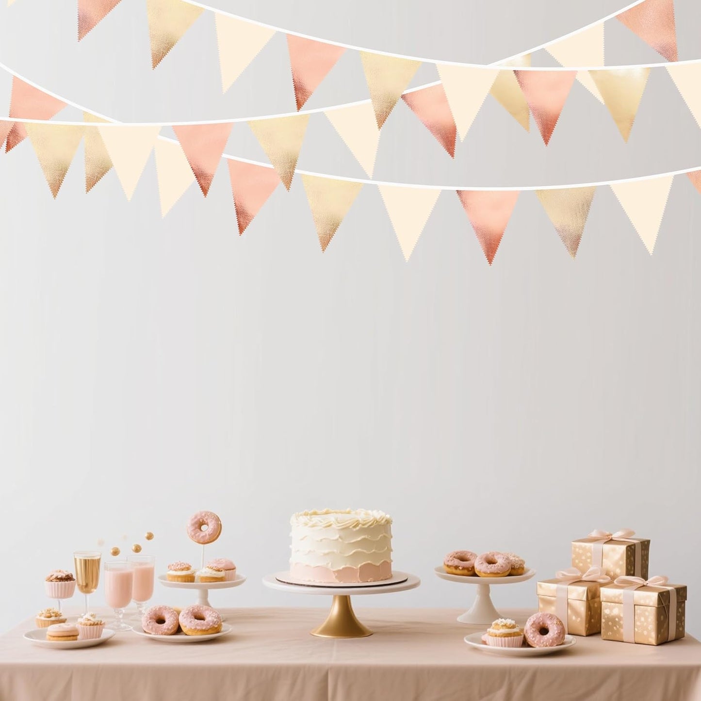 Rose Gold Champagne Gold Beige Party Decorations Metallic Fabric Triangle Flag Pennant Banner Garland Bunting for Engagement Bridal Shower Wedding Birthday Baby Shower Graduation Decoration Supplies