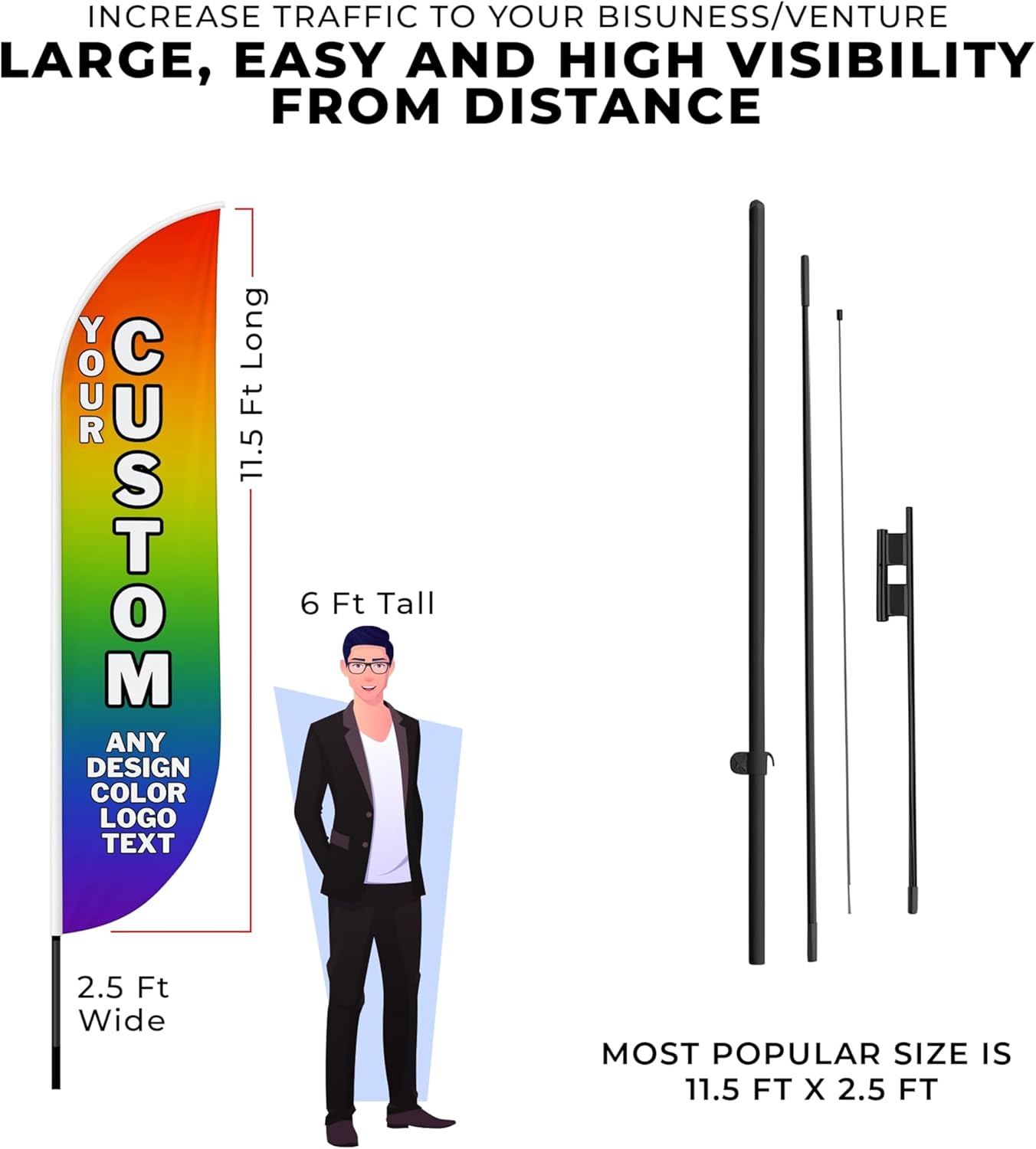 Custom Feather Flag(11.5Feetx2.5Feet) By Dreamcontroller For Business Outside With Optional Add-On Pole(15Feet) and Groundspike | Swooper Flag Banner | Made In Usa | Hd Print