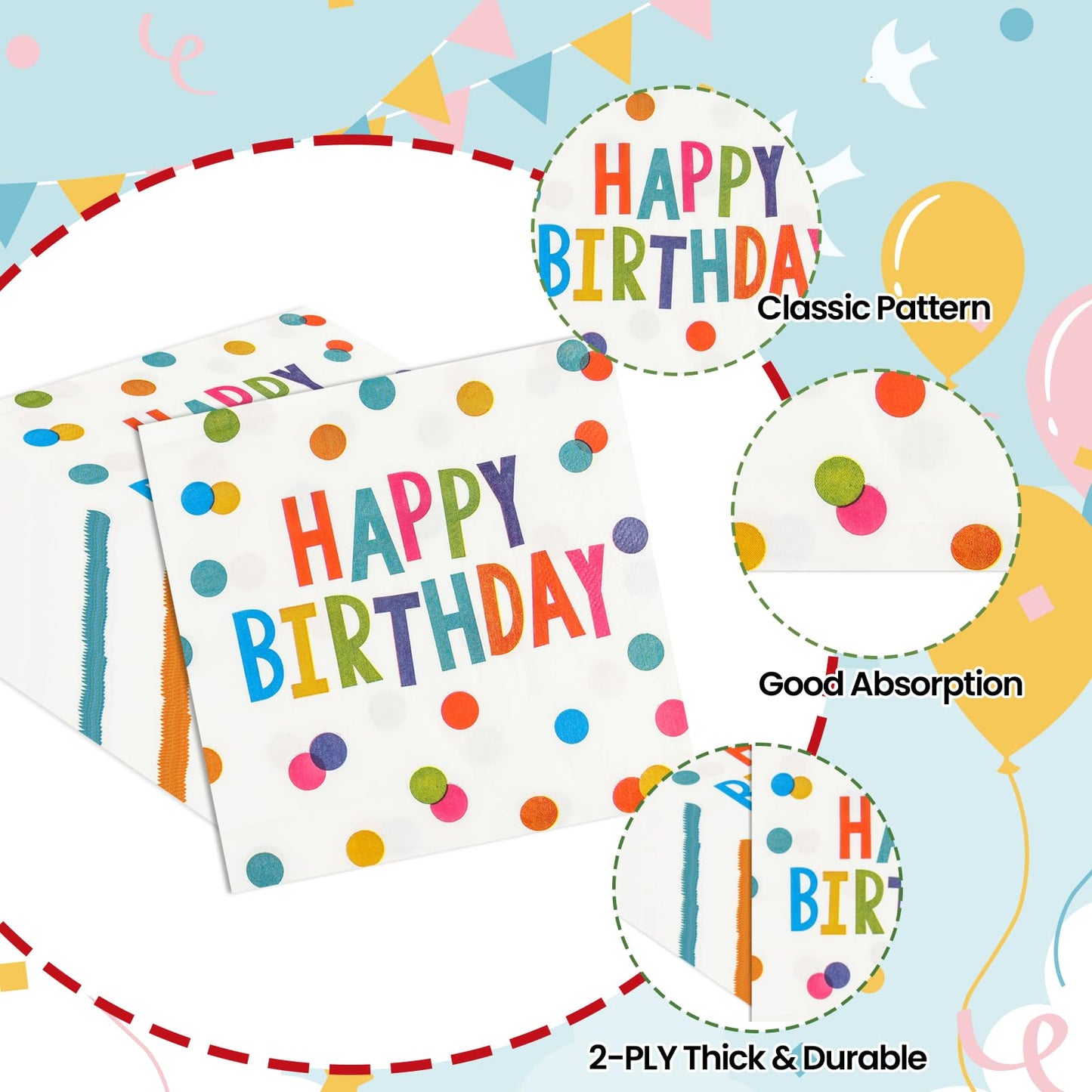 HFBOBP 50PCS Happy Birthday Paper Napkins 13 x 13 Inches Luncheon Napkins Cocktail Napkins