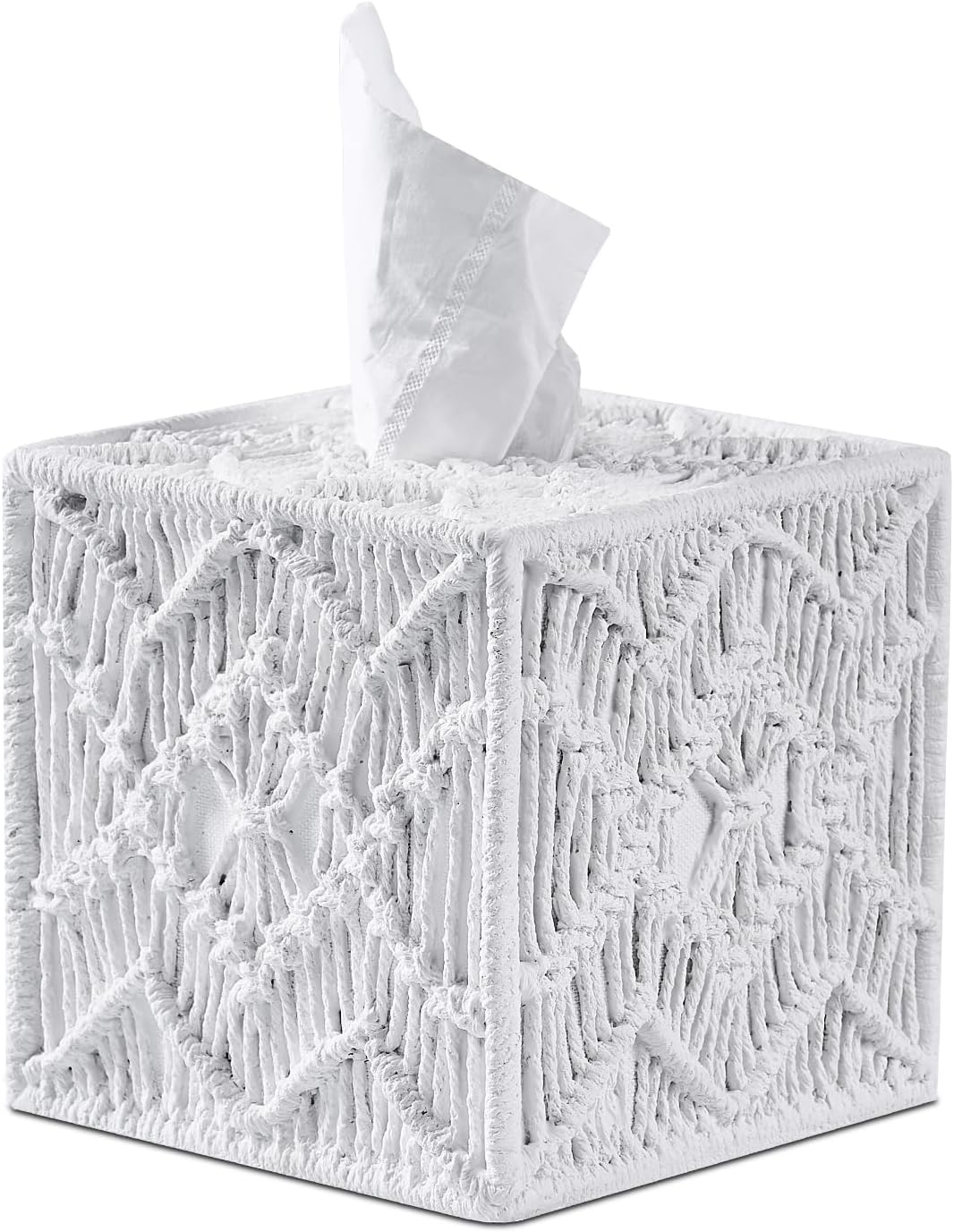 White Woven Macrame Boho Tissue Box Cover Square for Home Decor,Resin Heavy Woven Tissue Box Holder for Bathroom Kitchen Countertop,Bedroom, Vanity, Night Stand, Office Desk Top, Waterproof Durable