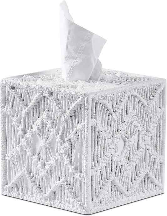 White Woven Macrame Boho Tissue Box Cover Square for Home Decor,Resin Heavy Woven Tissue Box Holder for Bathroom Kitchen Countertop,Bedroom, Vanity, Night Stand, Office Desk Top, Waterproof Durable