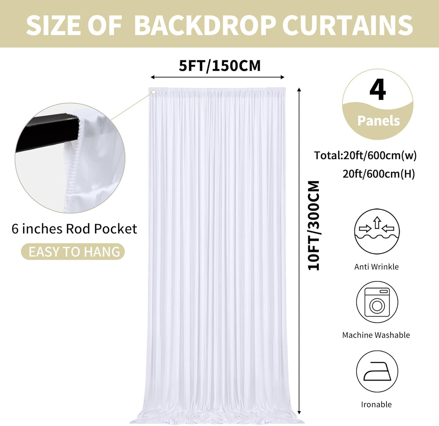 20x10ft Backdrop Curtains for Parties, 4 Panels 5x10ft Photography Backdrop Curtain with Rod Pocket,Backdrop Polyester Background Drapes,Wedding Backdrop Drapes for Birthday Baby Shower Home Decor