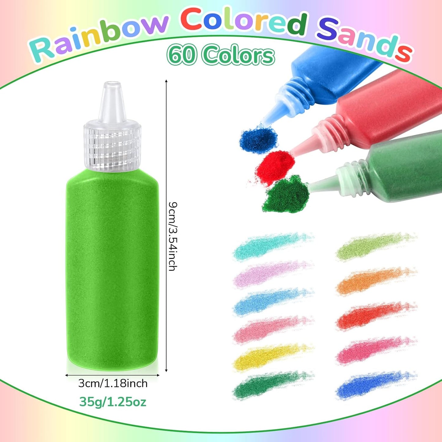 Wettarn 120 Pcs 1.25 oz Sand Art Bottle Kits 60 Colors of Sand and Bottle for Rangoli Art Painting DIY Drawing Favor Diwali Wedding Decoration Vase Glass Crafty Collection (Bright Colors)